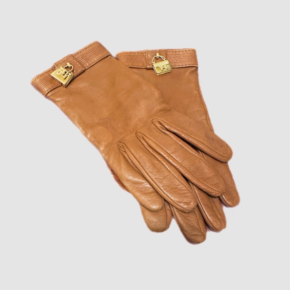 Hermes Kelly Leather Gloves Cadenas Padlock with Gold Lock Accent - Tan